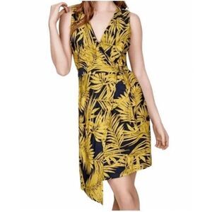Anthropologie Hutch Wrap Dress Gold Navy Fern Print Sleeveless V Neck Mini S